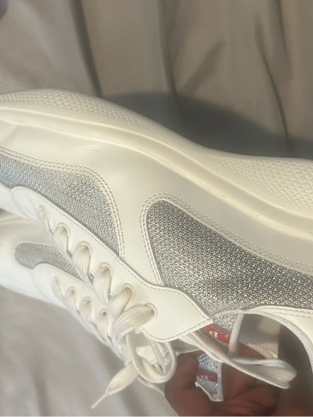 Prada White Slip-On Sneaker with Silver Mesh and Red Logo - Picture 13 of 14